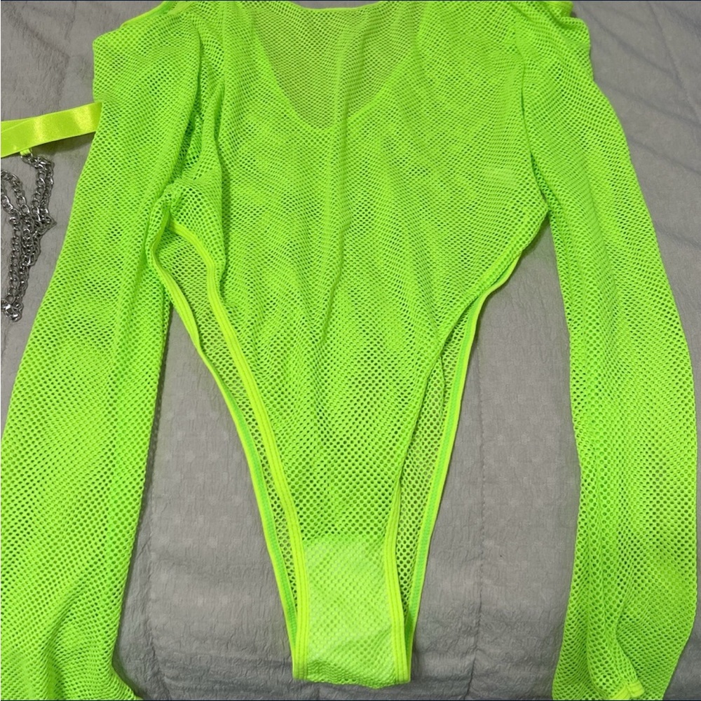 Neon green fishnet bodysuit